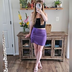 Topshop Plaid Mini Skirt Purple Pink Textured Ruffle Side US 8